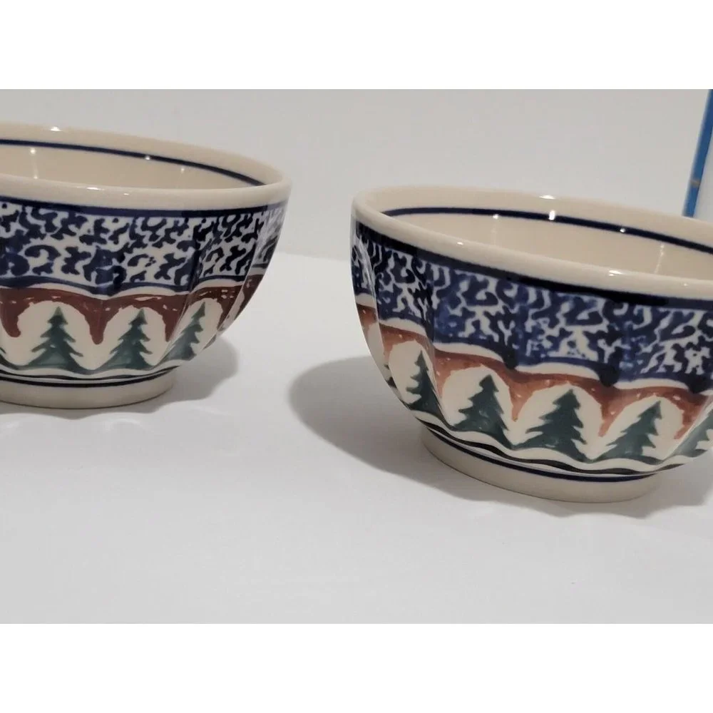 2x Boleslawiec Polish Pottery Ramekin Bowl Christmas Tree‎ Stars Pine Boughs